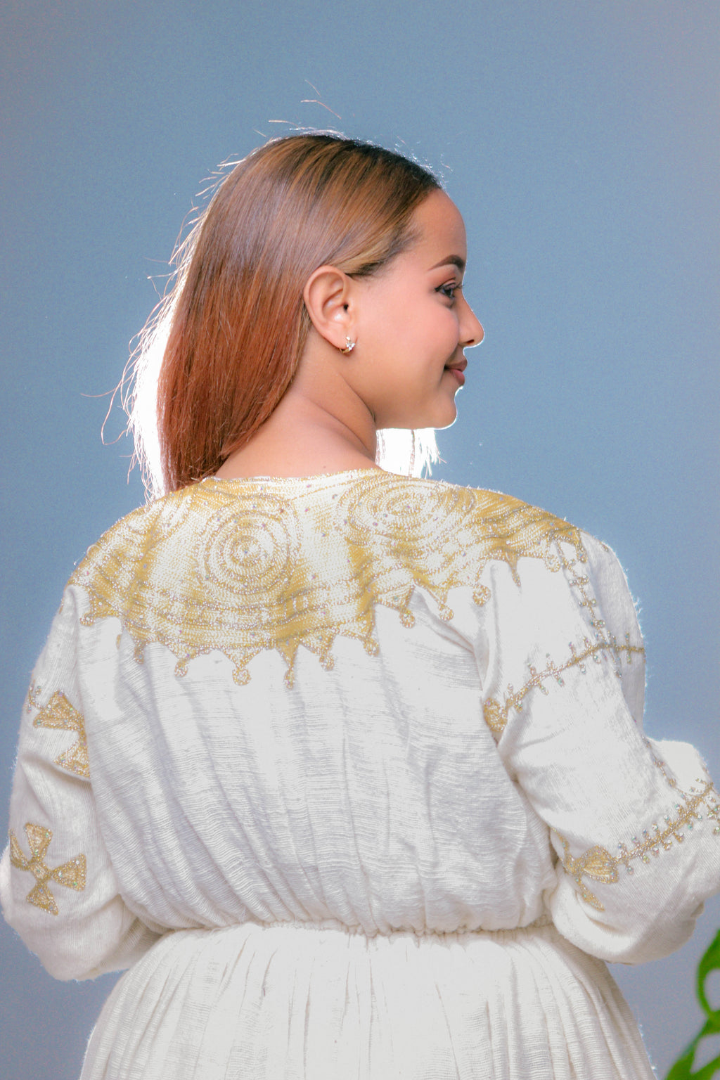 Golden Majesty V-Neck Habesha Dress | Regal Ethiopian Kemis Hab244
