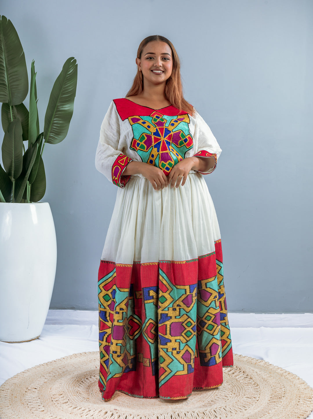 Traditional Ethiopian Habesha Dress | Handmade Cotton | Red & Multicolor Geometric Tibeb | Flowy Fit – Style Hab201