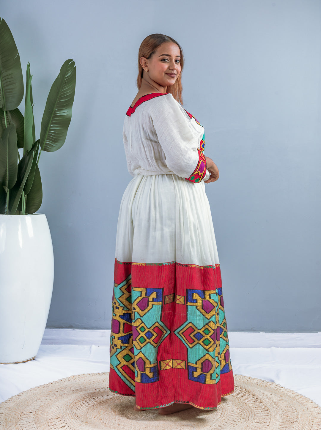Traditional Ethiopian Habesha Dress | Handmade Cotton | Red & Multicolor Geometric Tibeb | Flowy Fit – Style Hab201