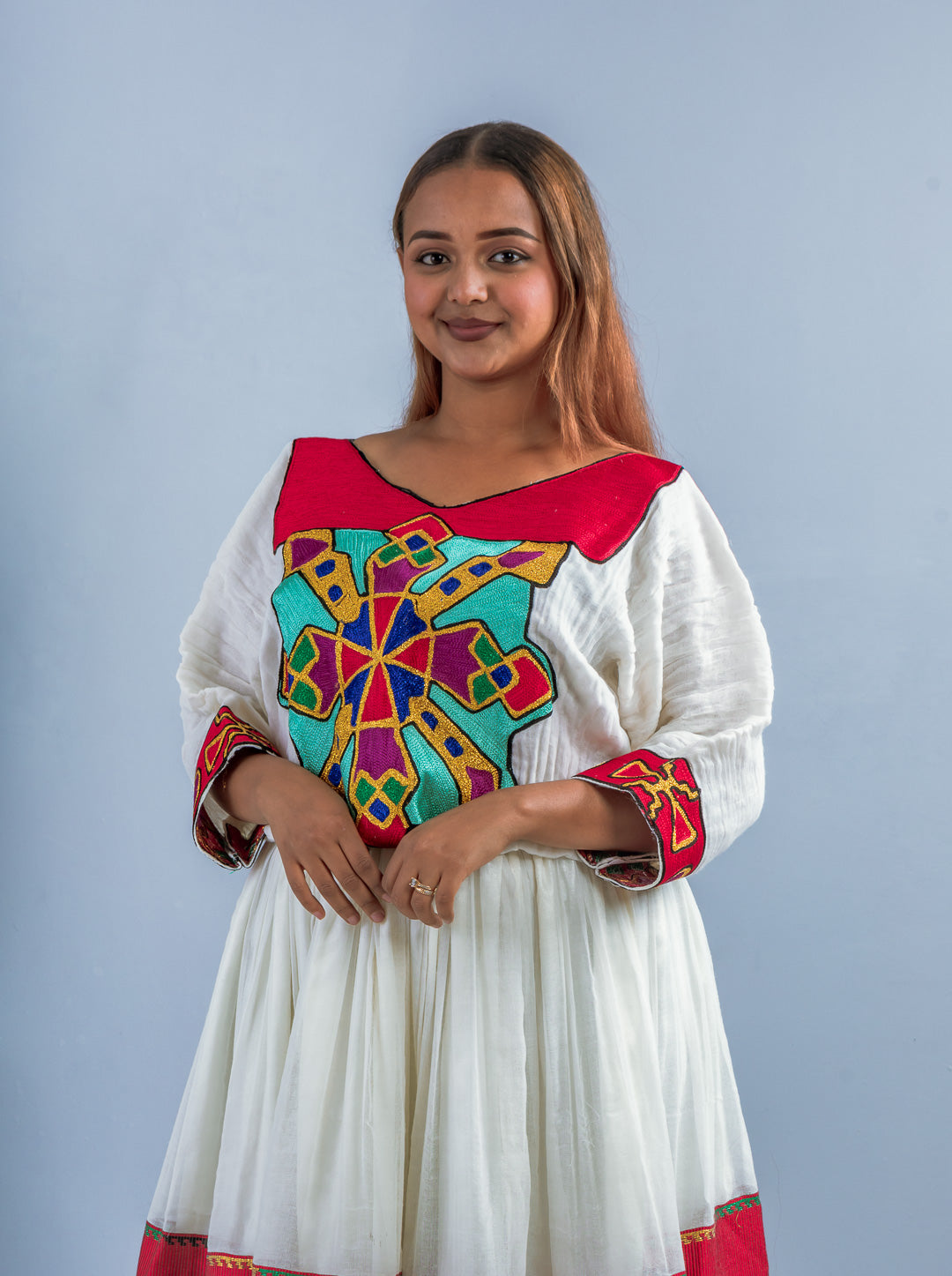 Traditional Ethiopian Habesha Dress | Handmade Cotton | Red & Multicolor Geometric Tibeb | Flowy Fit – Style Hab201