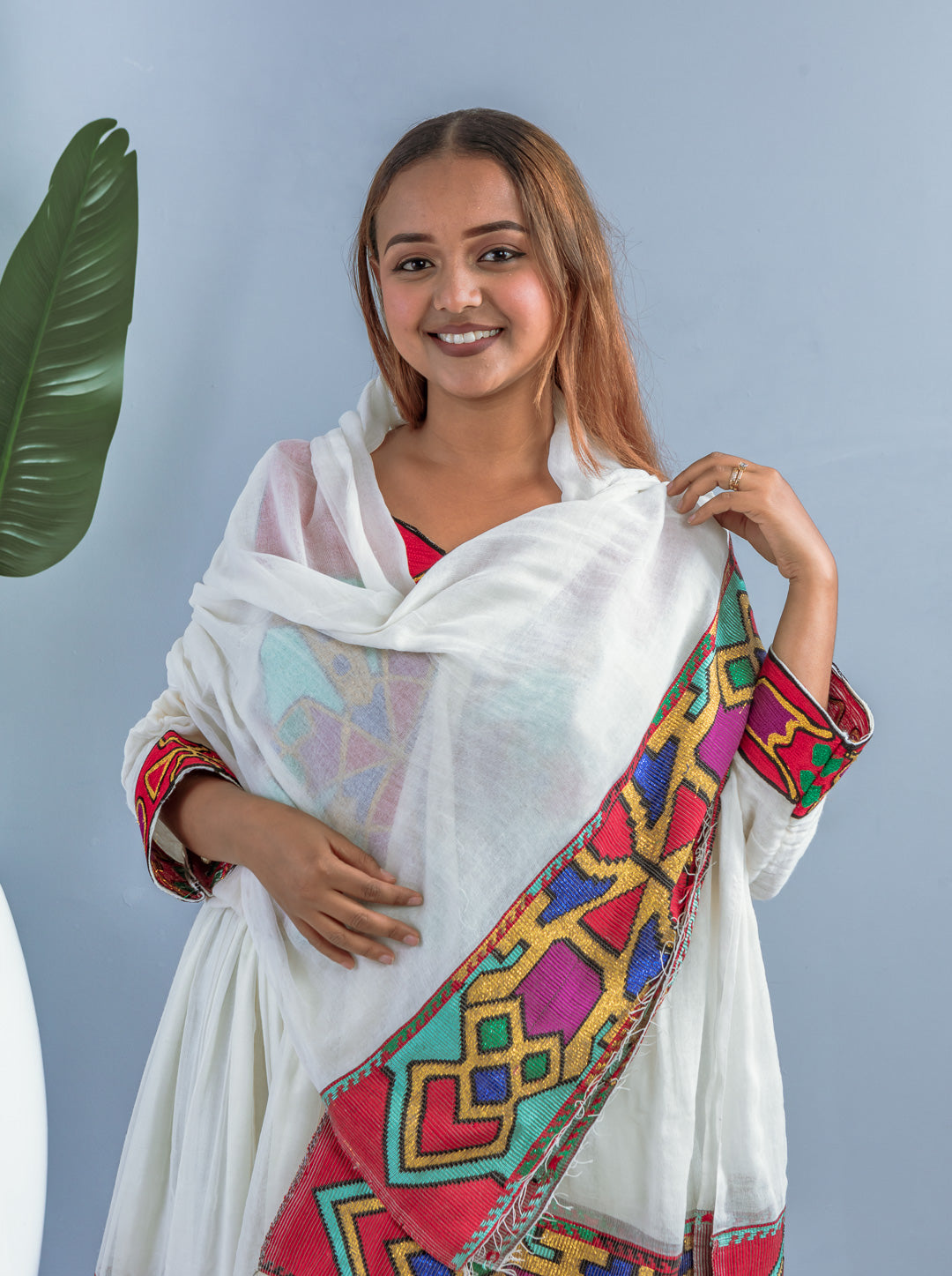 Traditional Ethiopian Habesha Dress | Handmade Cotton | Red & Multicolor Geometric Tibeb | Flowy Fit – Style Hab201