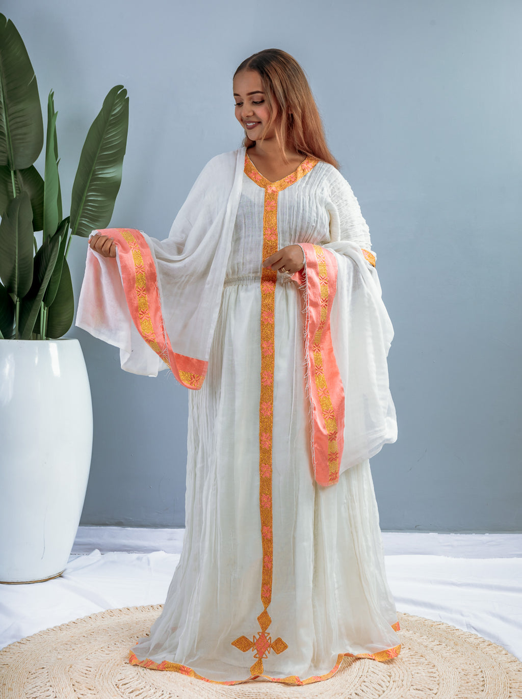 Long White Ethiopian Dress | Gold & Coral Tibeb Trim | Handwoven Cotton | Elegant Traditional Wear | Hab213