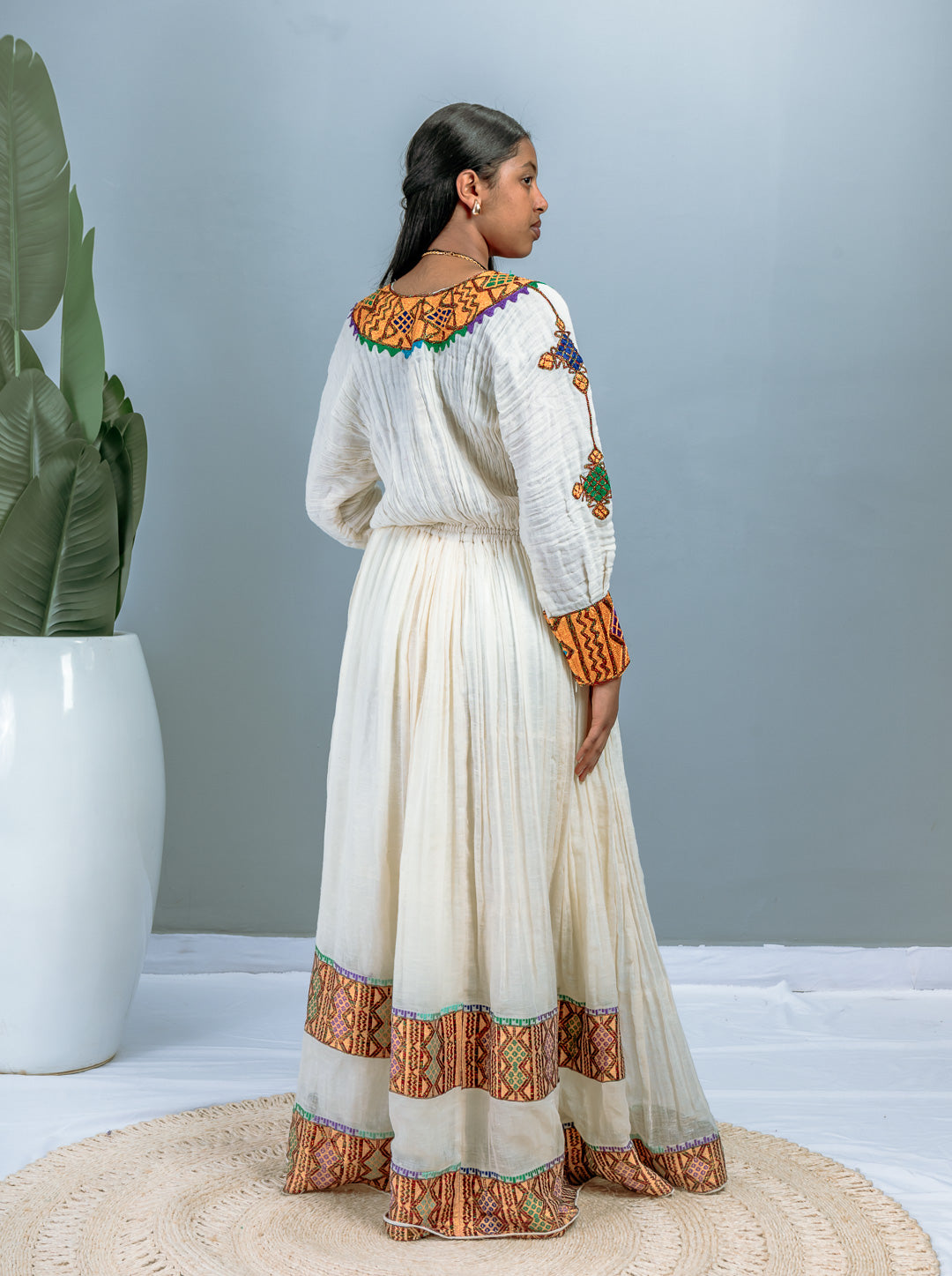 Traditional Ethiopian Habesha Dress | Handwoven Cotton Gown with Cross Design | Orange & Multicolor Embroidery | Flowy Cultural Outfit Hab205