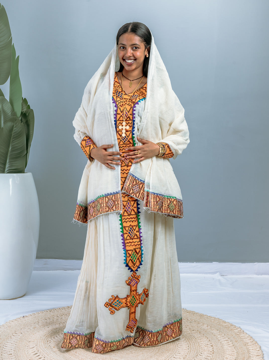 Traditional Ethiopian Habesha Dress | Handwoven Cotton Gown with Cross Design | Orange & Multicolor Embroidery | Flowy Cultural Outfit Hab205
