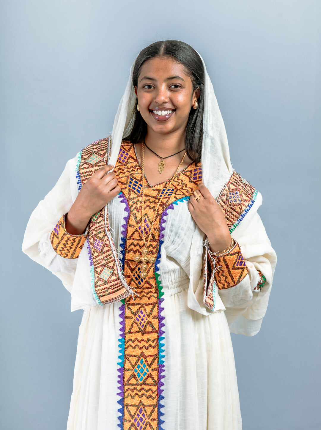 Traditional Ethiopian Habesha Dress | Handwoven Cotton Gown with Cross Design | Orange & Multicolor Embroidery | Flowy Cultural Outfit Hab205