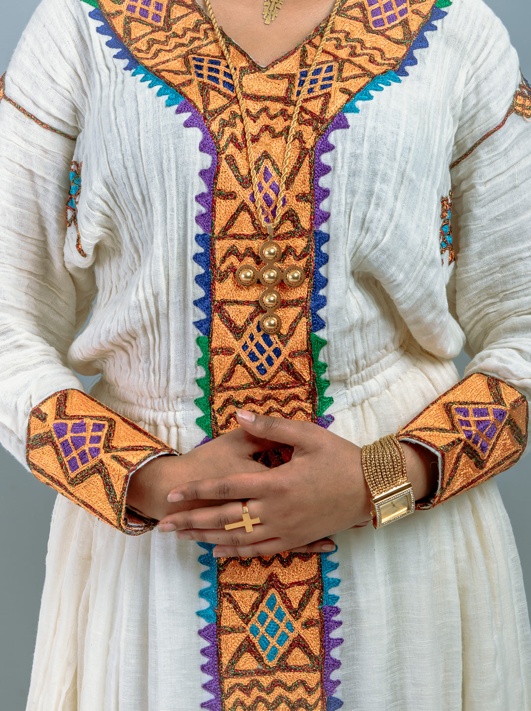 Traditional Ethiopian Habesha Dress | Handwoven Cotton Gown with Cross Design | Orange & Multicolor Embroidery | Flowy Cultural Outfit Hab205