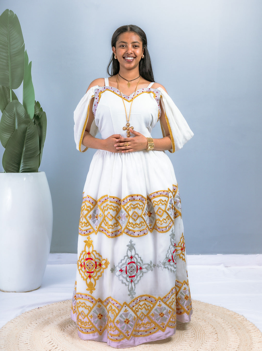 Modern Habesha Dress with Cold Shoulder | Intricate Gold & Silver Embroidery on White Cotton | Elegant Habesha Dress Hab204