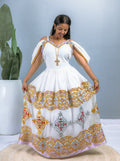 Modern Habesha Dress with Cold Shoulder | Intricate Gold & Silver Embroidery on White Cotton | Elegant Habesha Dress Hab204
