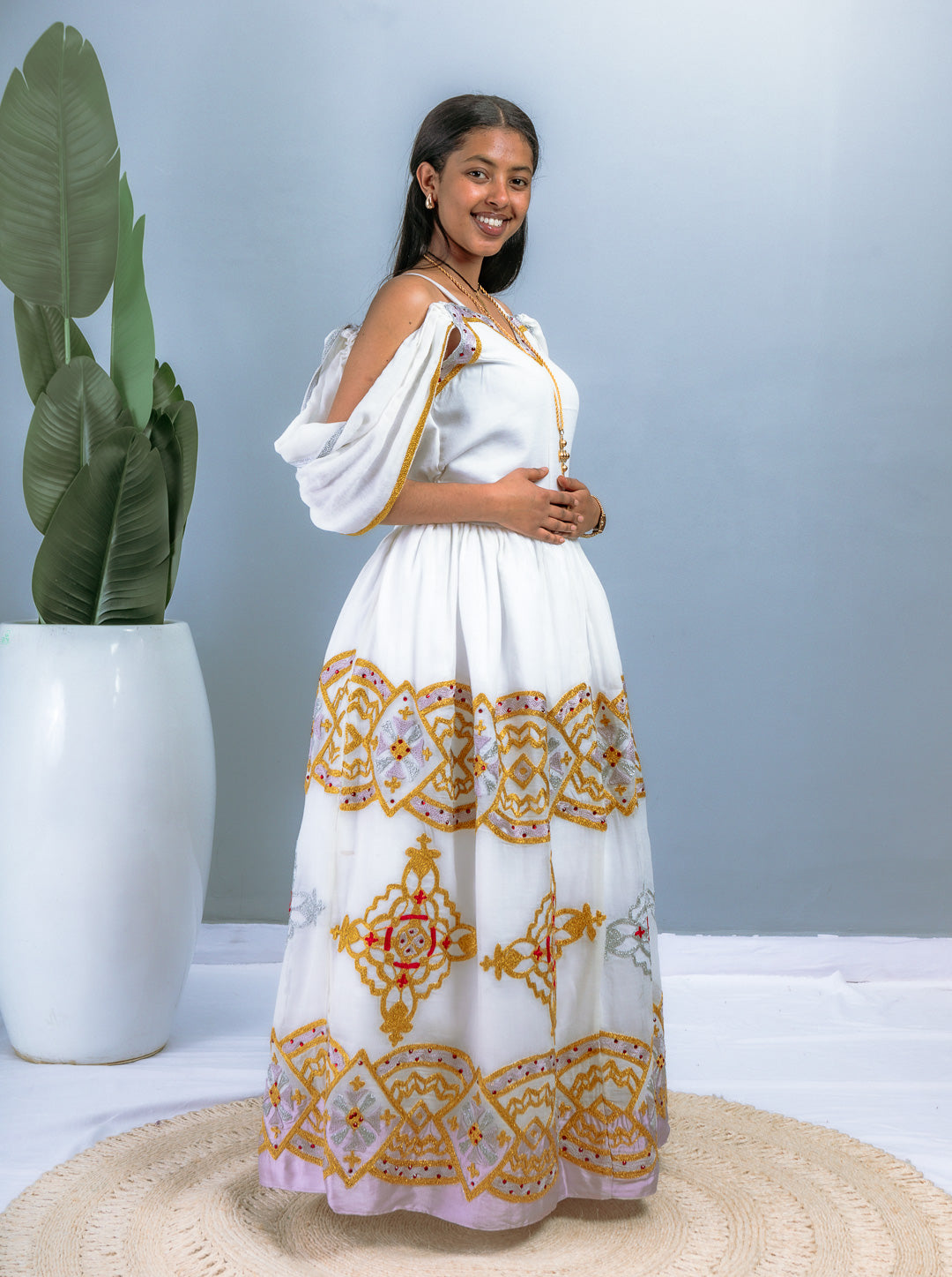 Modern Habesha Dress with Cold Shoulder | Intricate Gold & Silver Embroidery on White Cotton | Elegant Habesha Dress Hab204