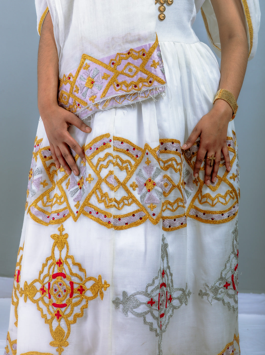 Modern Habesha Dress with Cold Shoulder | Intricate Gold & Silver Embroidery on White Cotton | Elegant Habesha Dress Hab204