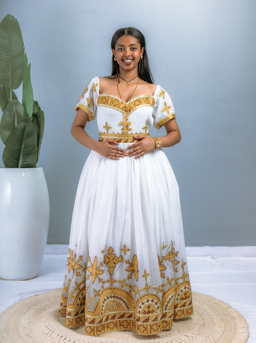 Golden Cross Embroidery & Floral Borders | Ethiopian Handwoven Dress | Off-Shoulder Princess-Style Habesha Kemis Hab215