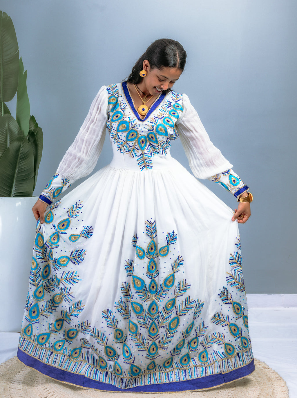 Elegant White Ethiopian Dress | Blue & Gold Peacock-Inspired Embroidery | Sheer Sleeves | Full-Length Handwoven Cotton Hab200