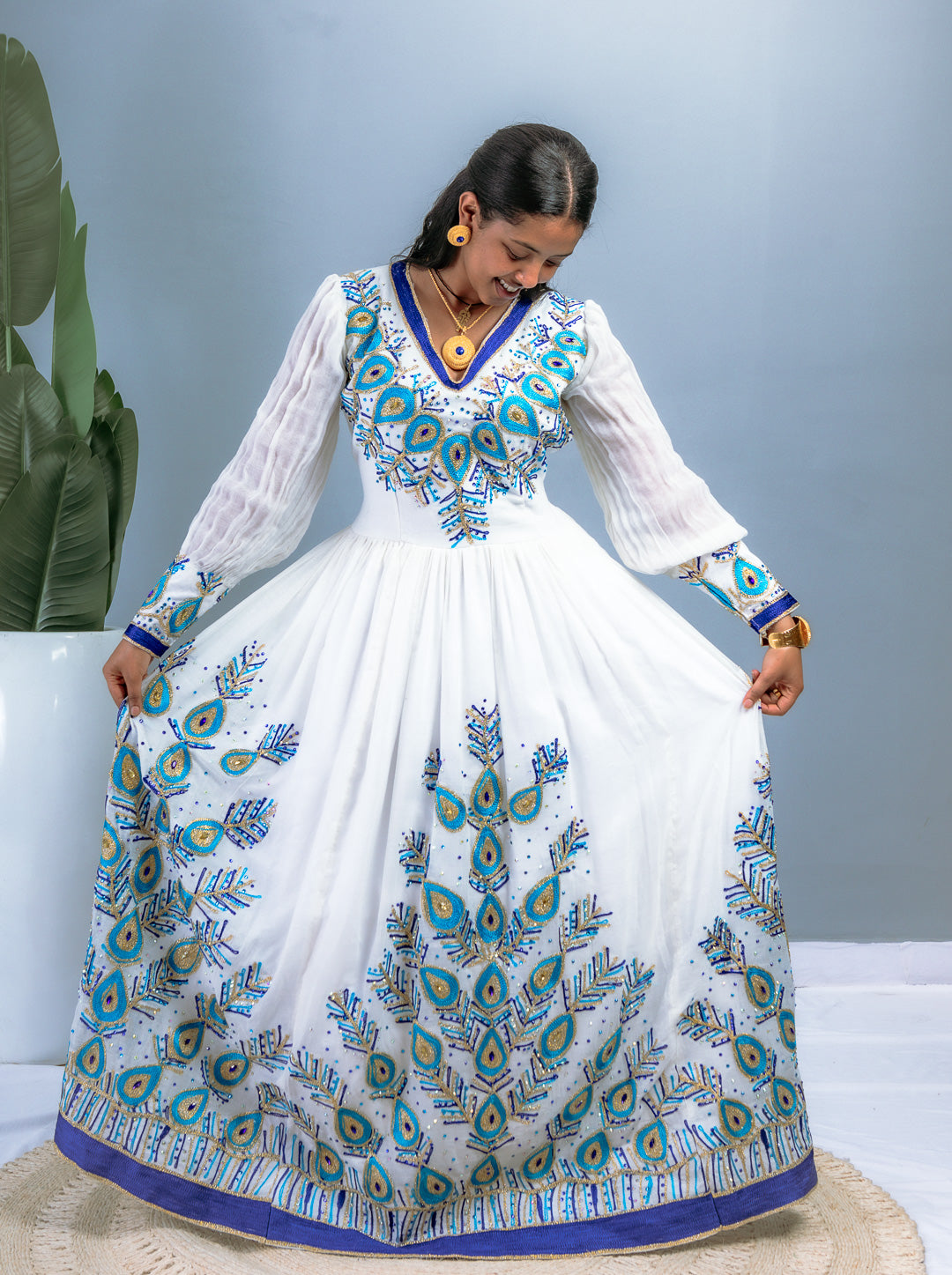 Elegant White Ethiopian Dress | Blue & Gold Peacock-Inspired Embroidery | Sheer Sleeves | Full-Length Handwoven Cotton Hab200