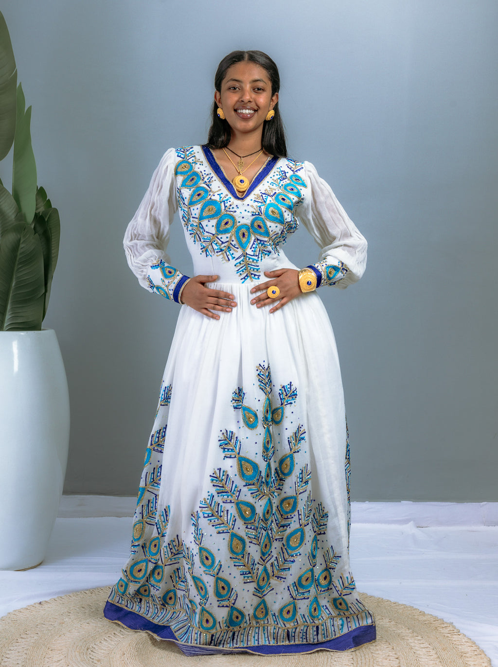 Elegant White Ethiopian Dress | Blue & Gold Peacock-Inspired Embroidery | Sheer Sleeves | Full-Length Handwoven Cotton Hab200