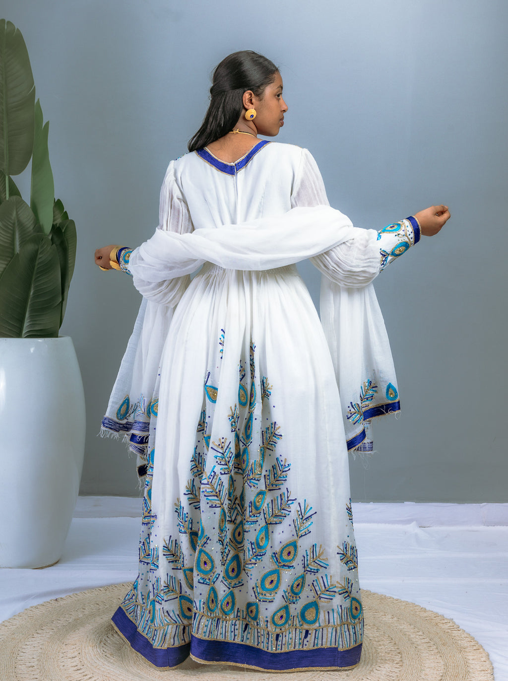 Elegant White Ethiopian Dress | Blue & Gold Peacock-Inspired Embroidery | Sheer Sleeves | Full-Length Handwoven Cotton Hab200