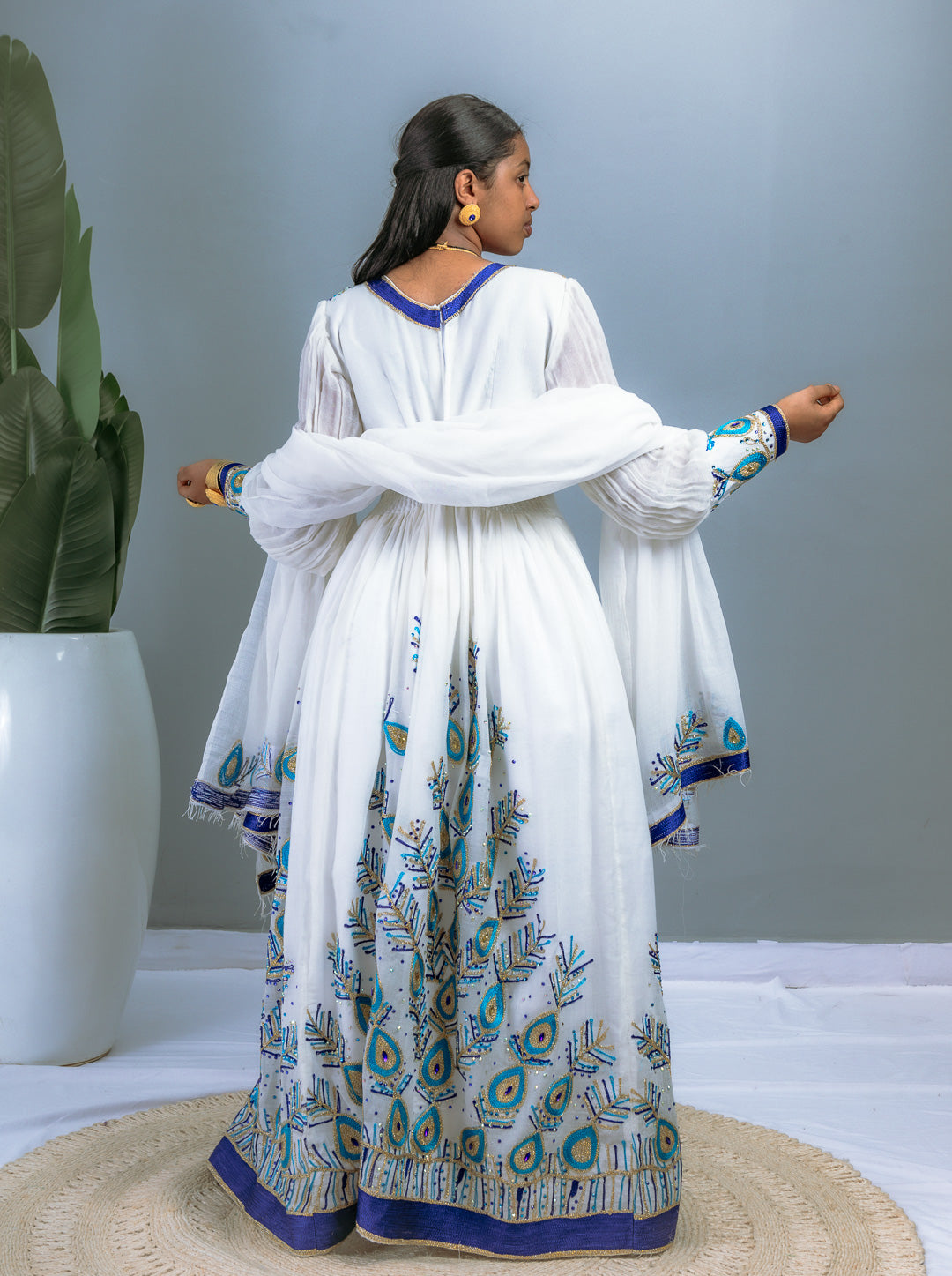 Elegant White Ethiopian Dress | Blue & Gold Peacock-Inspired Embroidery | Sheer Sleeves | Full-Length Handwoven Cotton Hab200