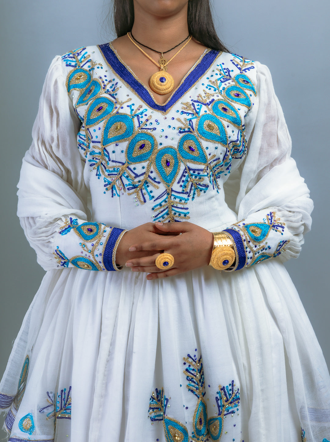 Elegant White Ethiopian Dress | Blue & Gold Peacock-Inspired Embroidery | Sheer Sleeves | Full-Length Handwoven Cotton Hab200