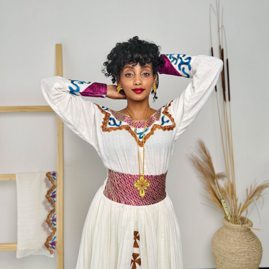 Habesha Dress | Elegant Purple Traditional Wear | Special Occasion Outfit | Handwoven Embroidery Hab56