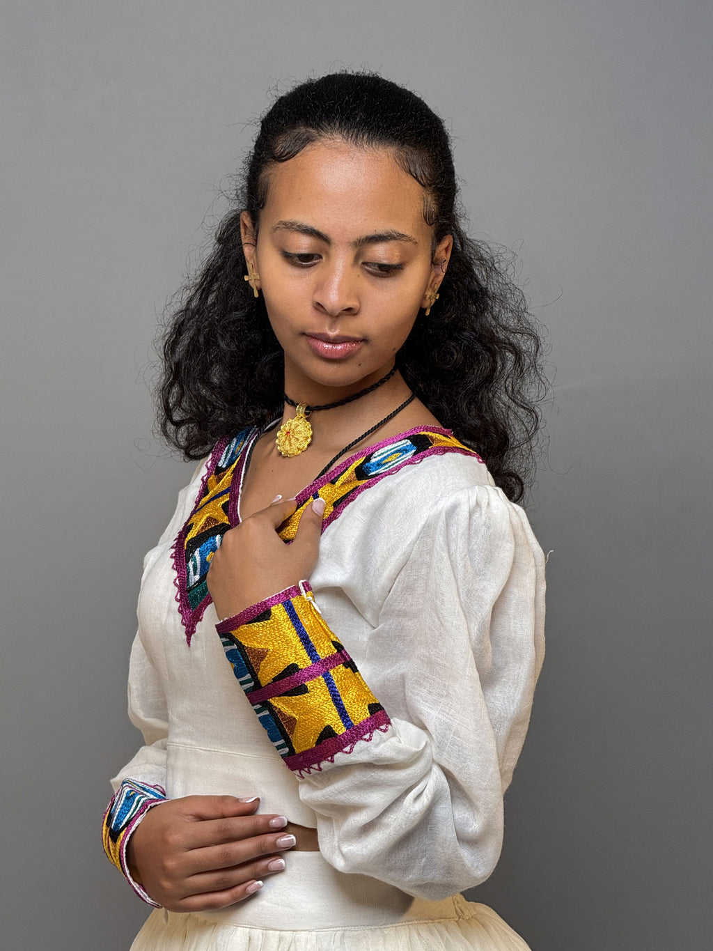 Multicolor Embroidered Long-Sleeve Habesha Dress | Elegant Ethiopian Kemis Hab254