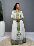 Ivory and Lime Green Handwoven Habesha Kemis | Elegant Ethiopian Dress Hab256