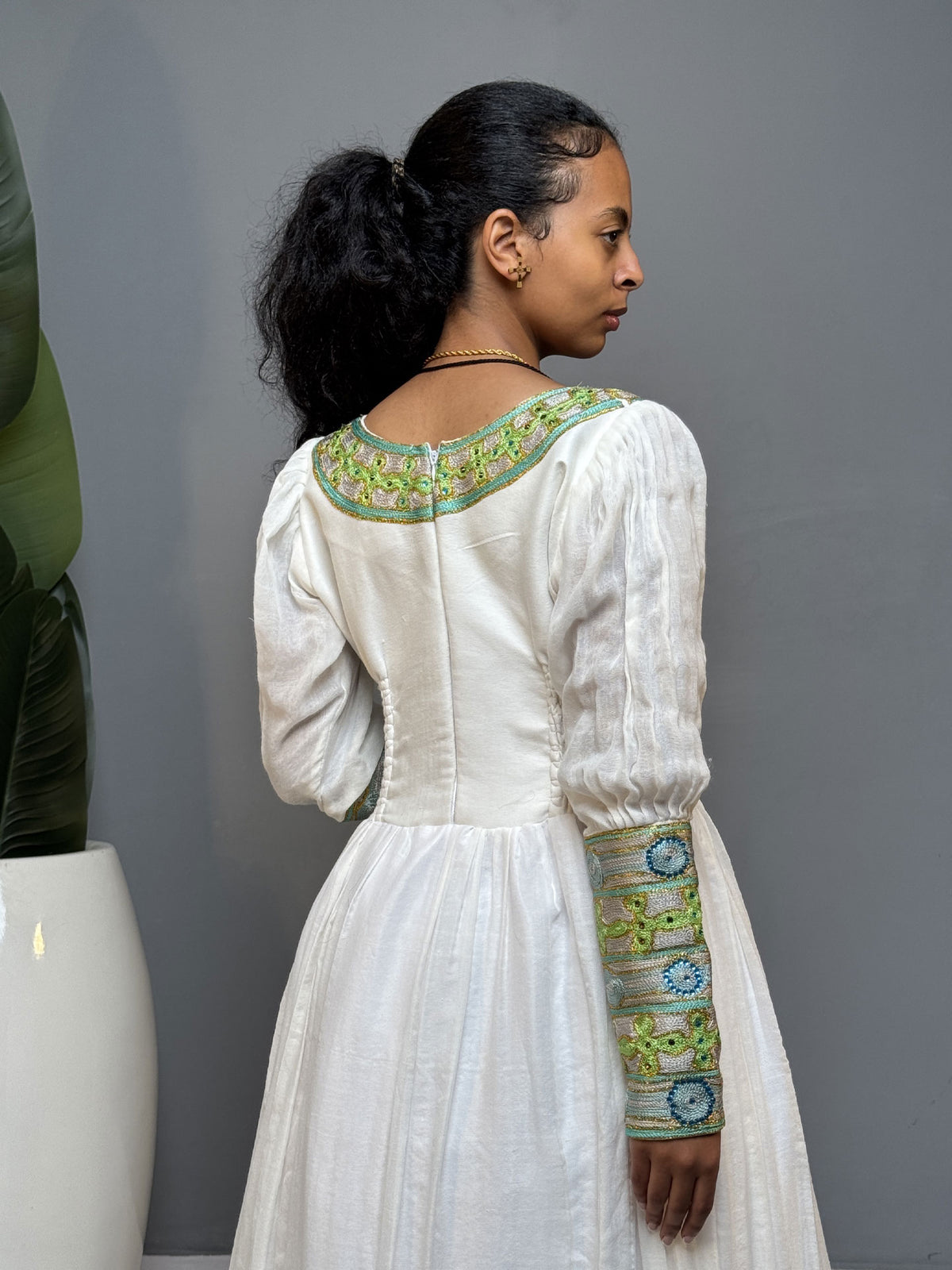 Ivory and Lime Green Handwoven Habesha Kemis | Elegant Ethiopian Dress Hab256