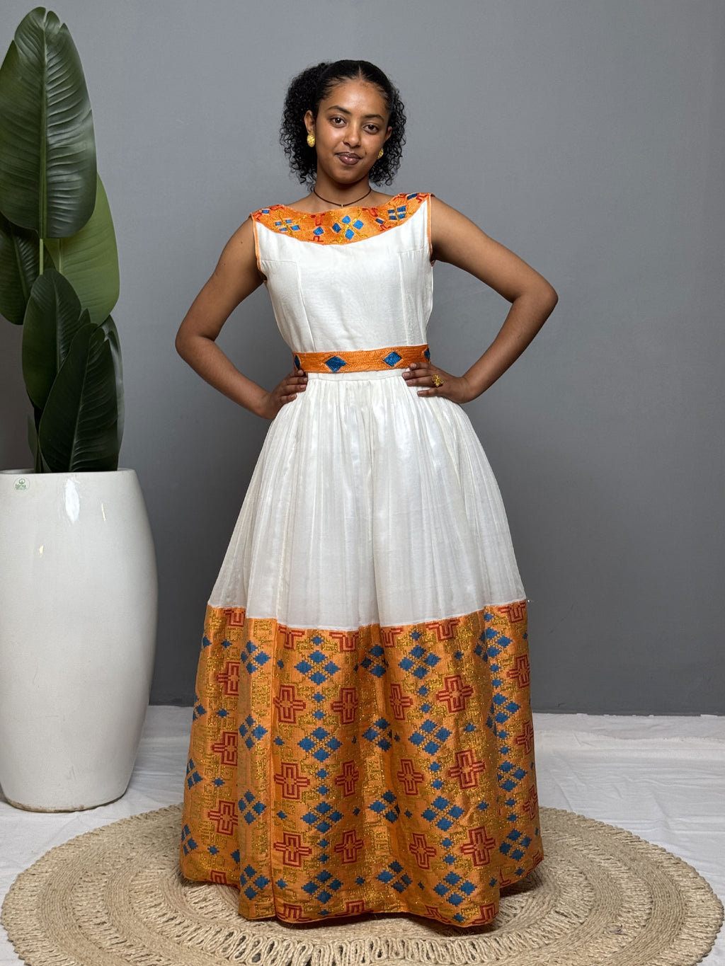 Golden Flame Sleeveless Habesha Dress | Elegant Ethiopian Kemis Hab252