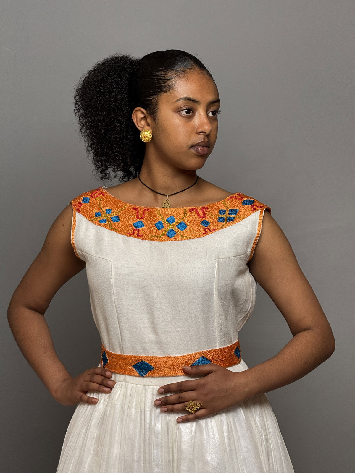 Golden Flame Sleeveless Habesha Dress | Elegant Ethiopian Kemis Hab252
