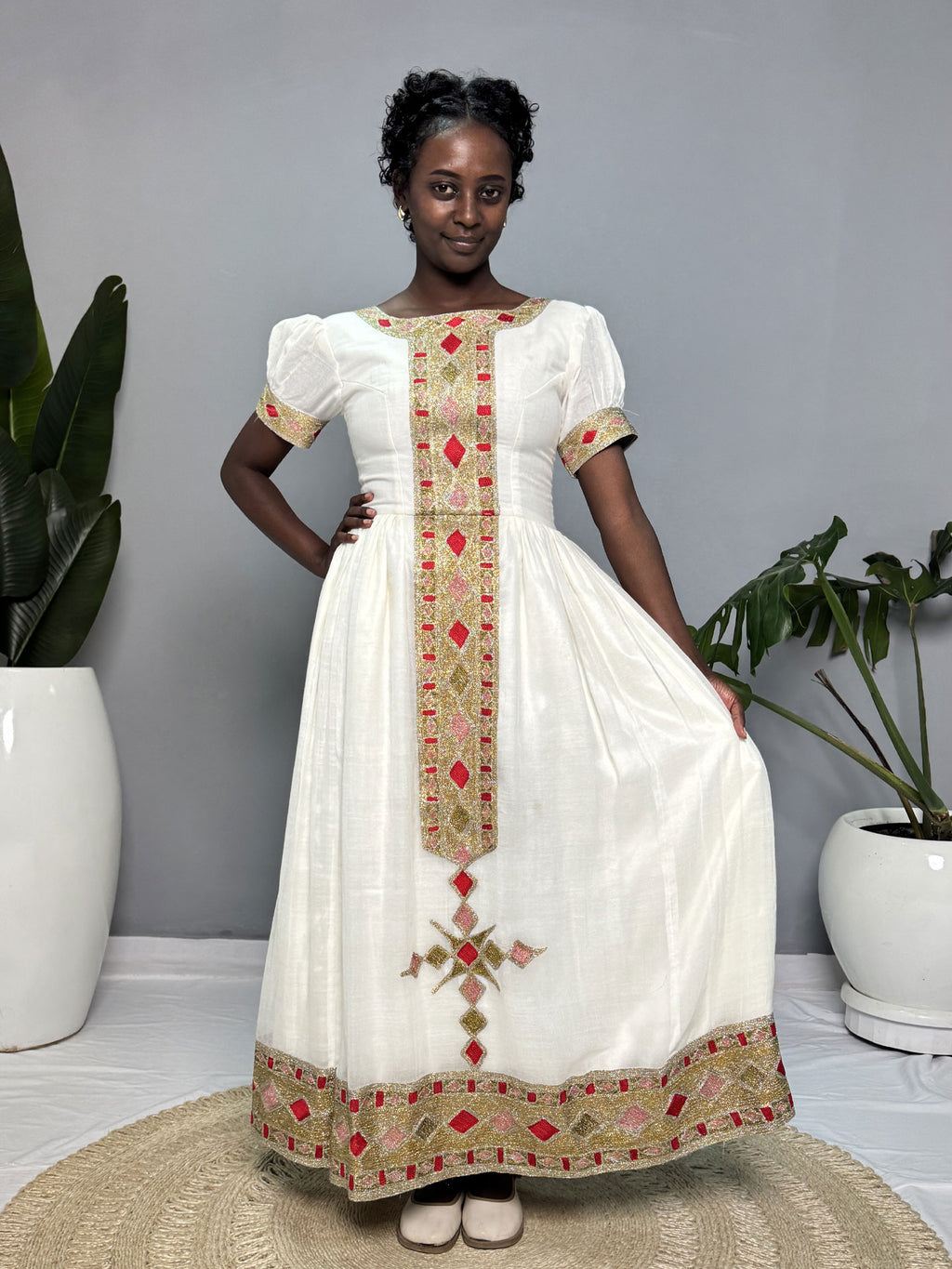 Ivory Gold Diamond Habesha Dress | Classic Ethiopian Kemis Hab253
