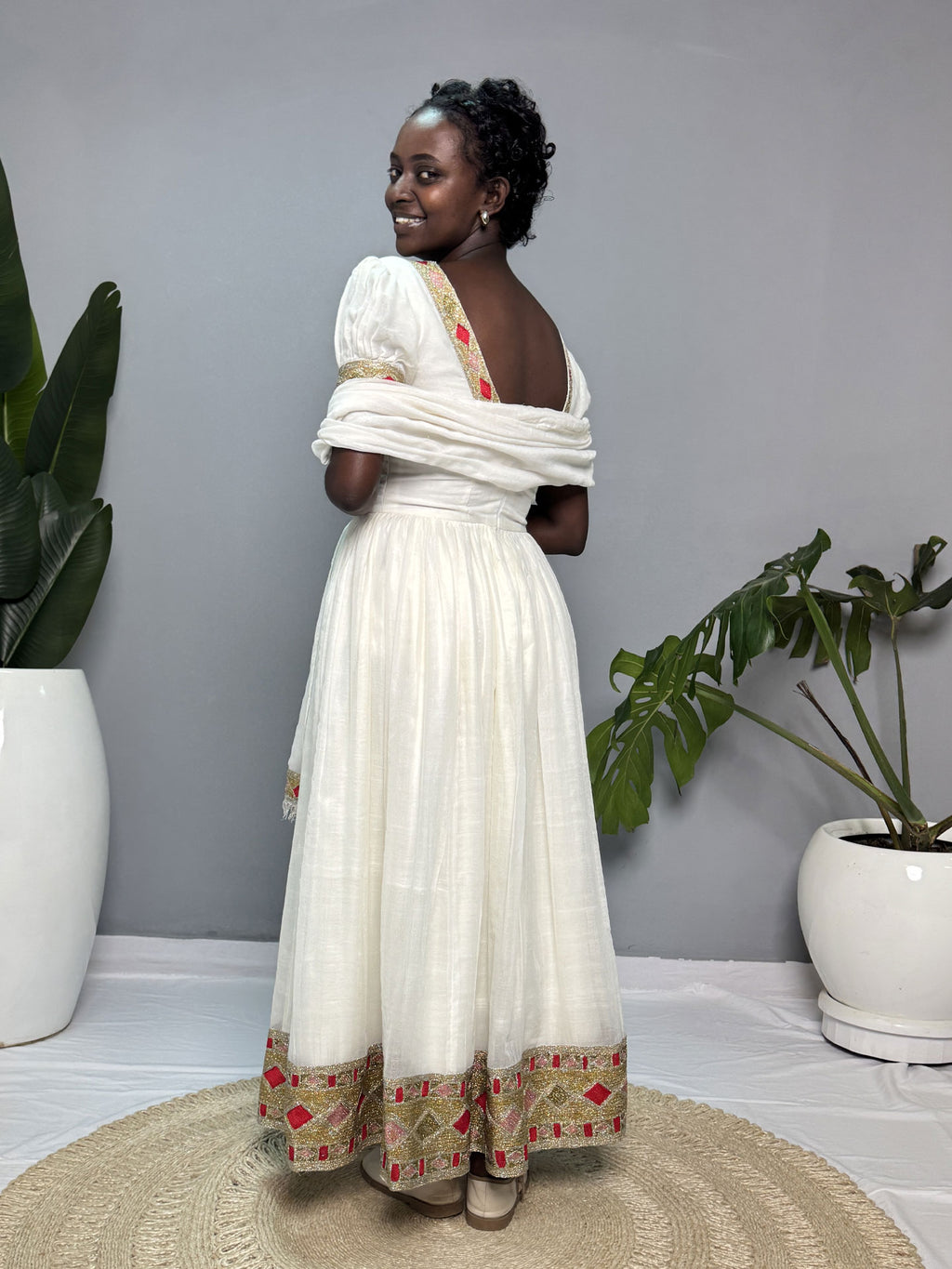 Ivory Gold Diamond Habesha Dress | Classic Ethiopian Kemis Hab253