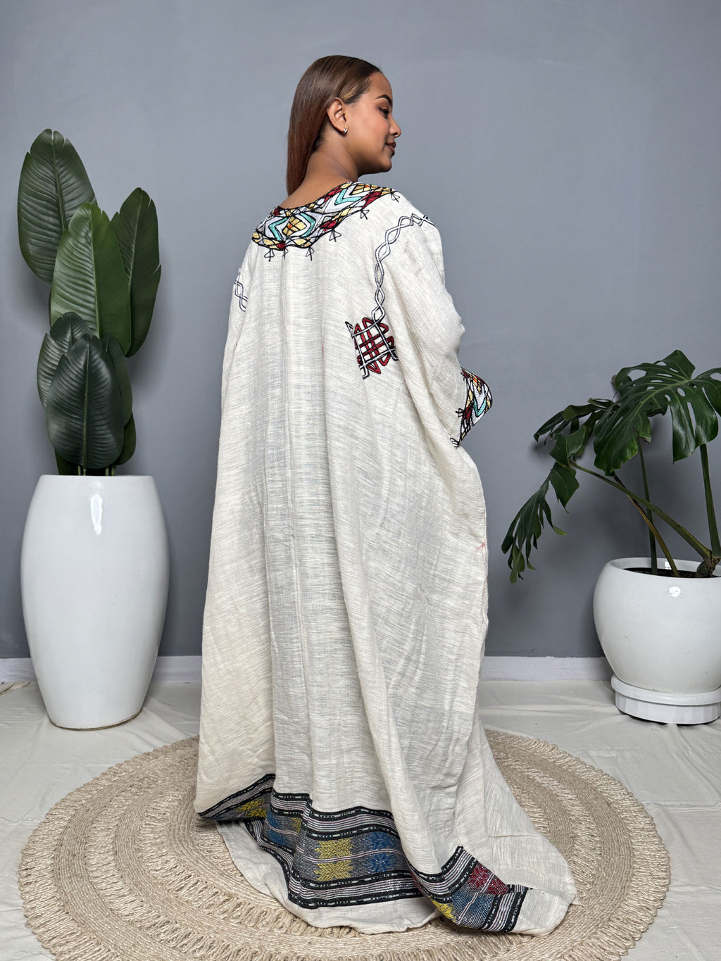 Turquoise & Red Tibeb Cream Flare Habesha Kemis | Handmade Ethiopian Dress Hab259