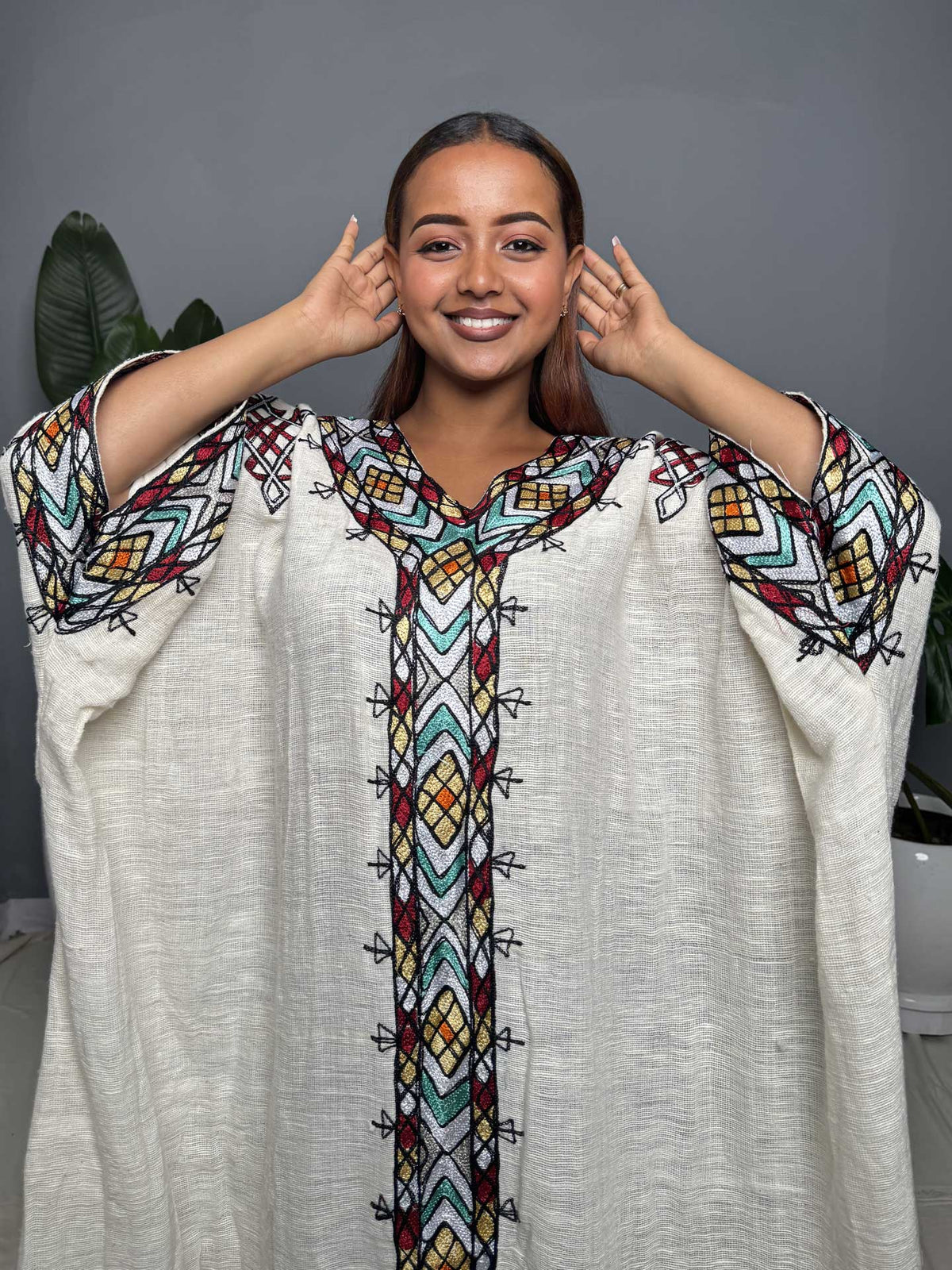 Turquoise & Red Tibeb Cream Flare Habesha Kemis | Handmade Ethiopian Dress Hab259
