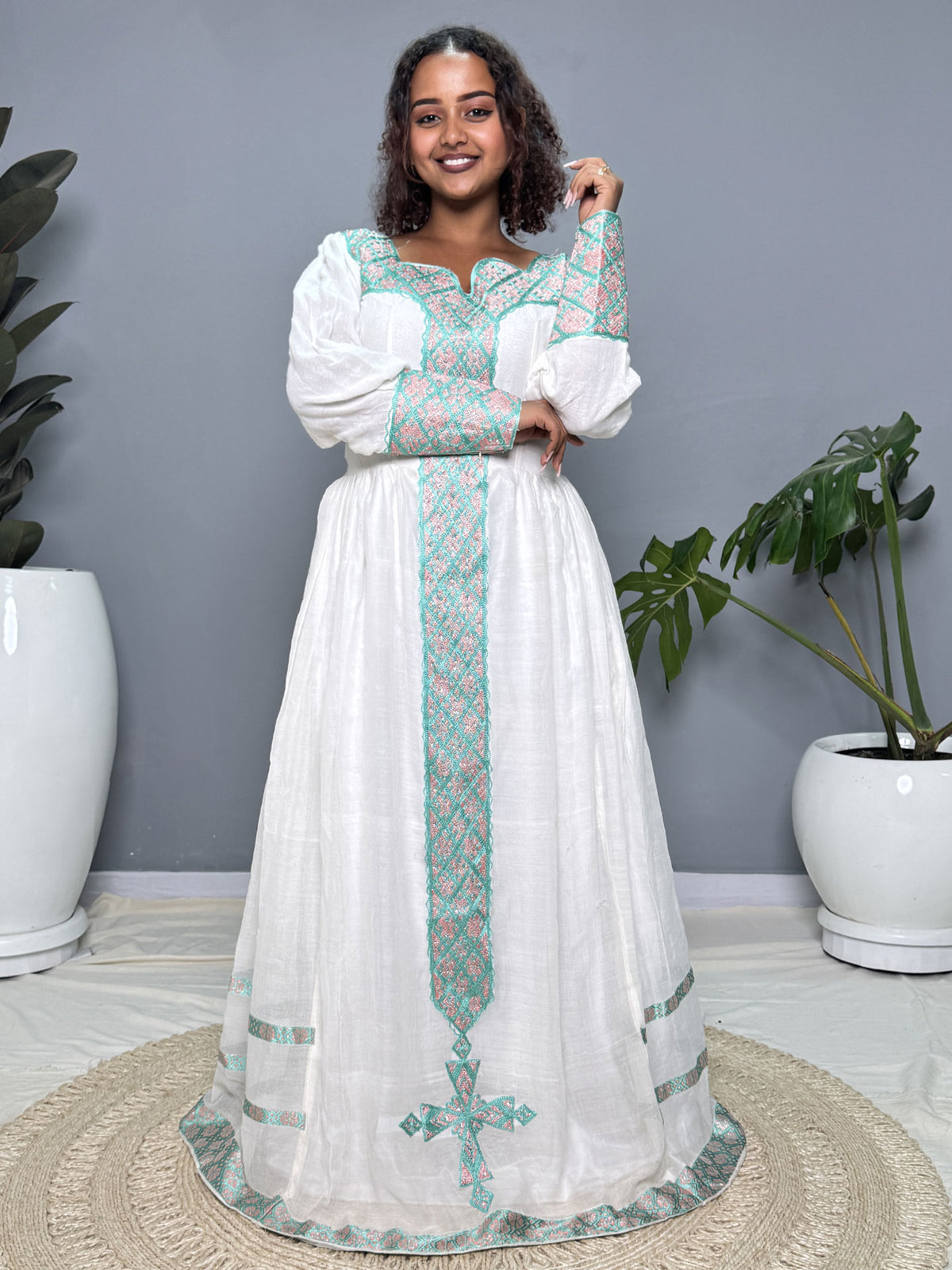 Mint Green & Soft Pink Tibeb Handmade Habesha Kemis | Ethiopian Dress Hab262