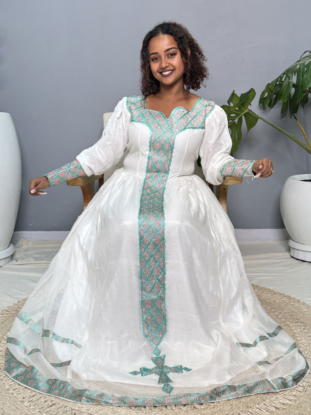Mint Green & Soft Pink Tibeb Handmade Habesha Kemis | Ethiopian Dress Hab262