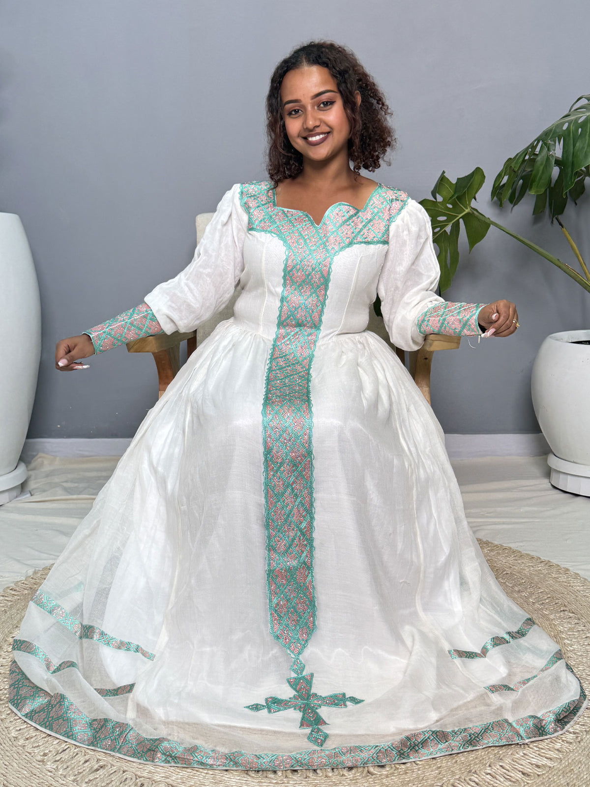 Mint Green & Soft Pink Tibeb Handmade Habesha Kemis | Ethiopian Dress Hab262