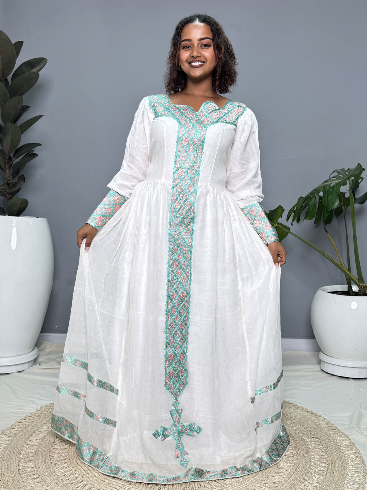 Mint Green & Soft Pink Tibeb Handmade Habesha Kemis | Ethiopian Dress Hab262