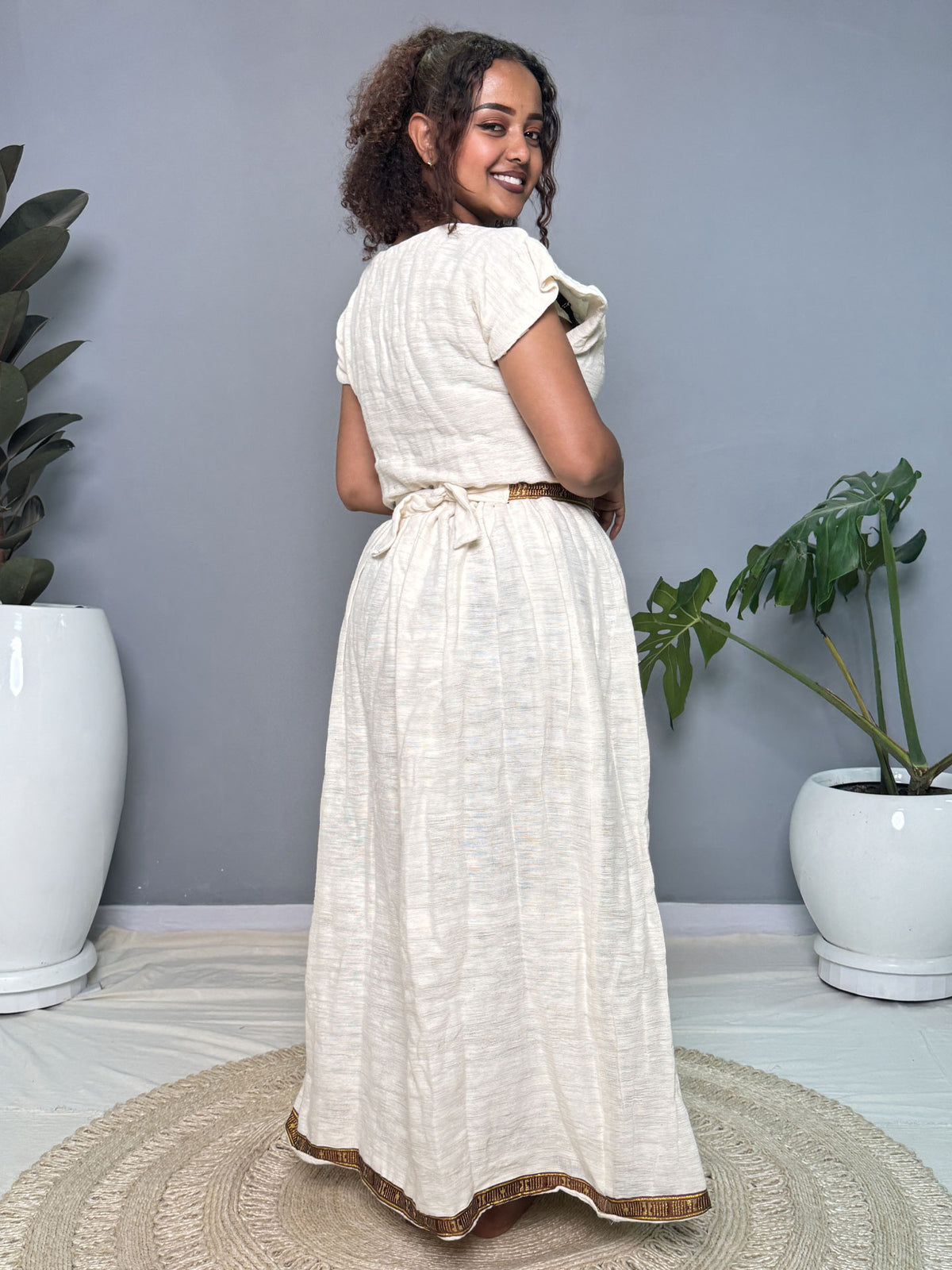 Cream and Gold Handwoven Habesha Kemis | Traditional Ethiopian Dress Hab264