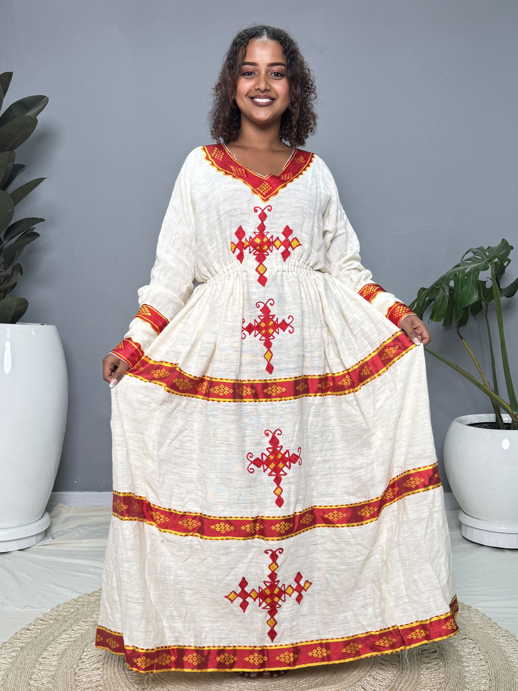 Red & Gold Cross Embroidered Habesha Kemis | Modern Handmade Ethiopian Kemis Hab266