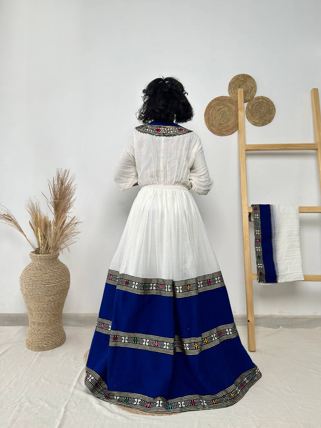 Traditional Ethiopian Habesha Dress | Royal Blue Cross Tilet Kemis | Handwoven Cotton Fit & Flare Dress Hab251