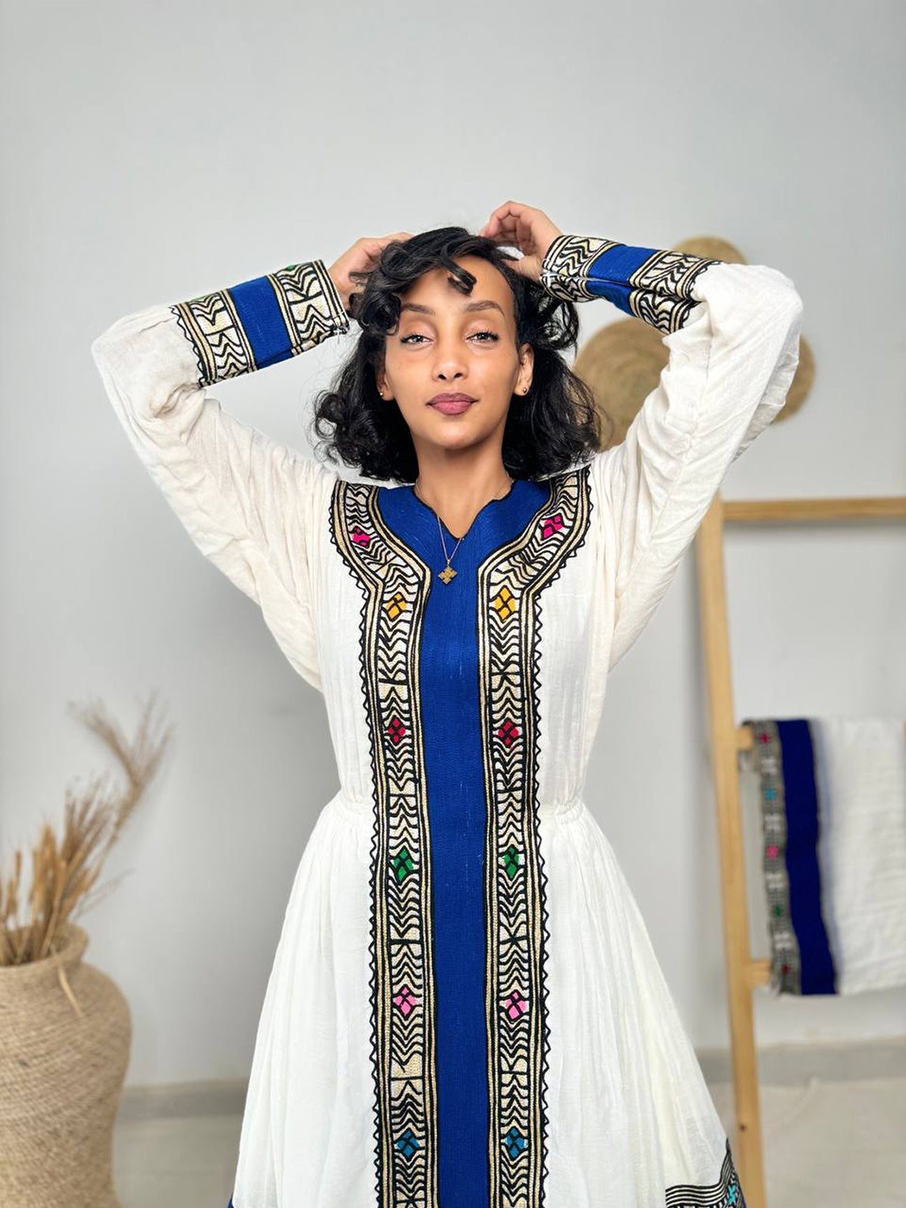 Traditional Ethiopian Habesha Dress | Royal Blue Cross Tilet Kemis | Handwoven Cotton Fit & Flare Dress Hab251