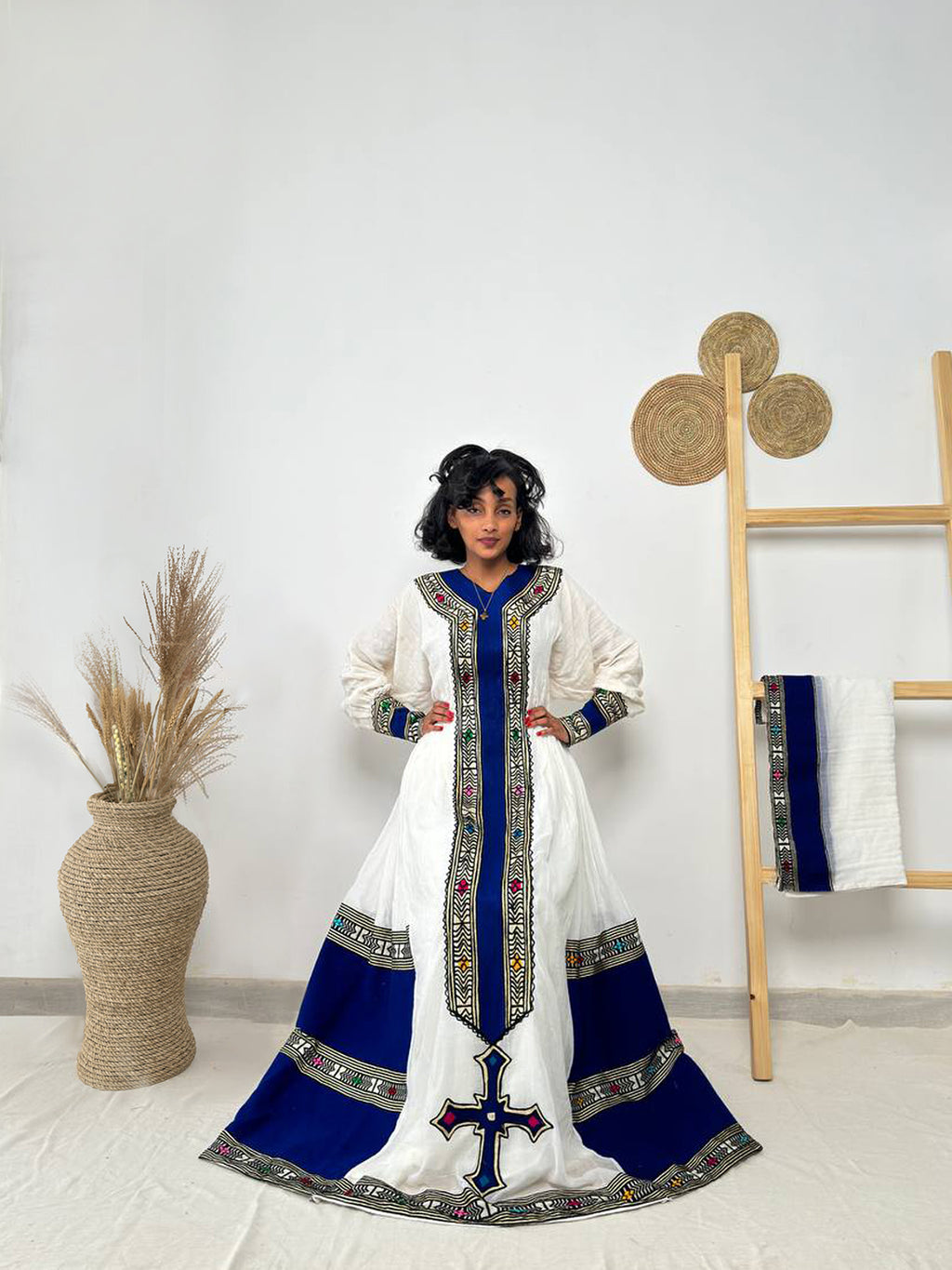 Traditional Ethiopian Habesha Dress | Royal Blue Cross Tilet Kemis | Handwoven Cotton Fit & Flare Dress Hab251