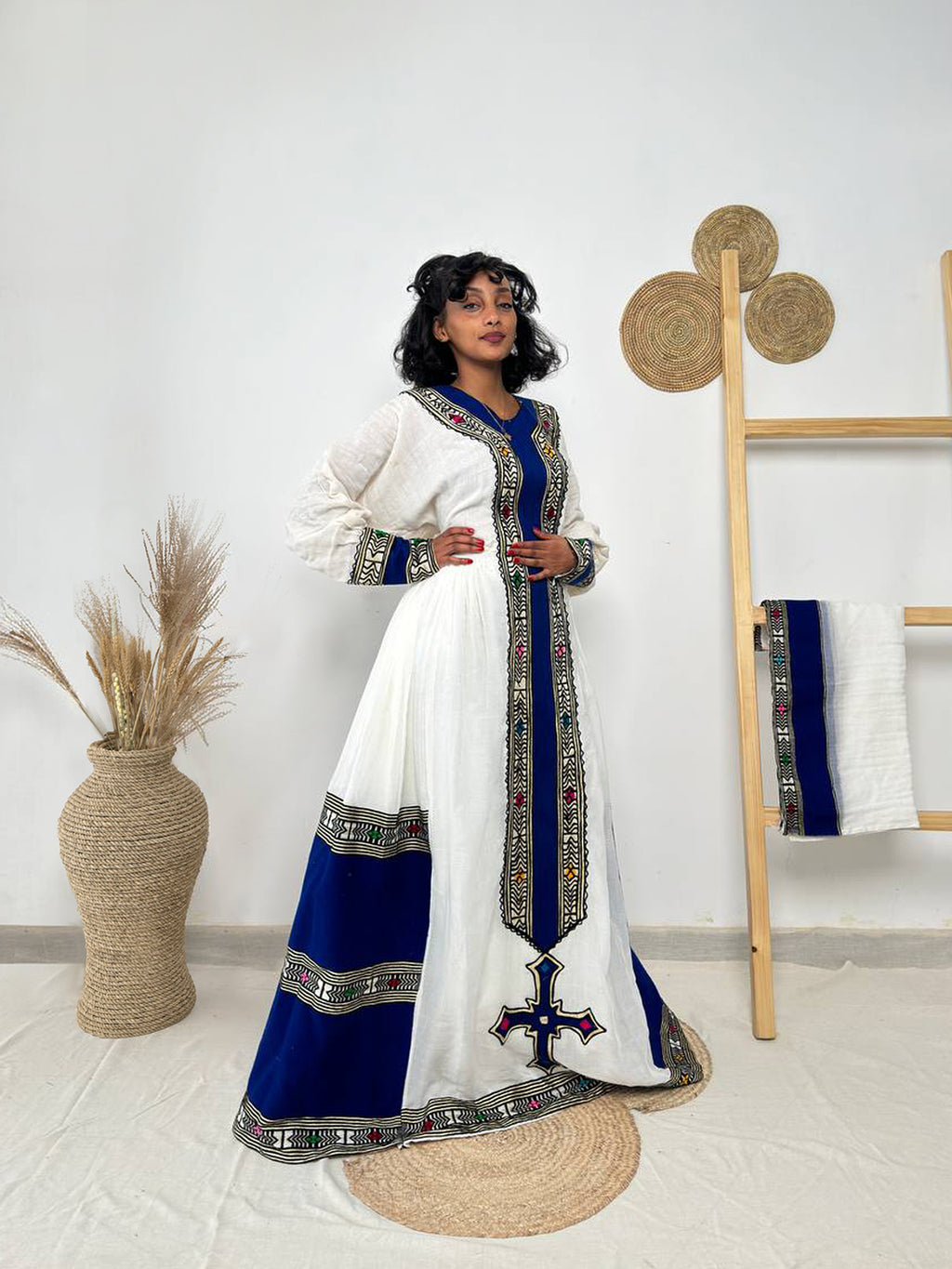 Traditional Ethiopian Habesha Dress | Royal Blue Cross Tilet Kemis | Handwoven Cotton Fit & Flare Dress Hab251