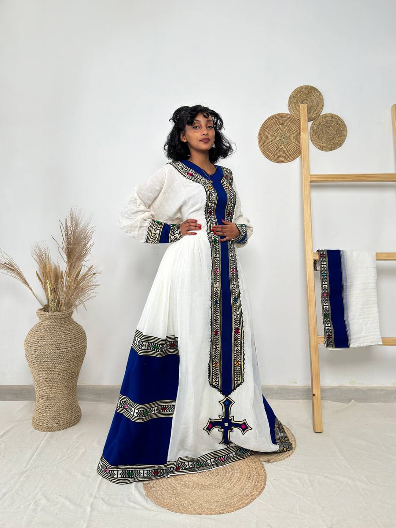 Traditional Ethiopian Habesha Dress | Royal Blue Cross Tilet Kemis | Handwoven Cotton Fit & Flare Dress Hab251