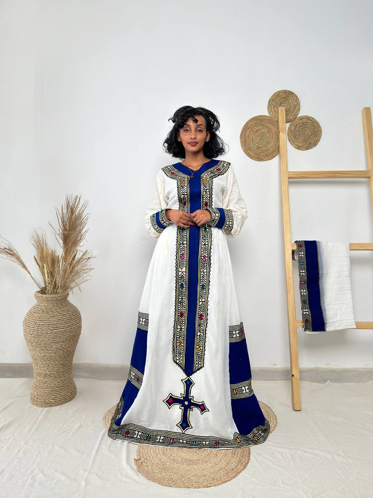 Traditional Ethiopian Habesha Dress | Royal Blue Cross Tilet Kemis | Handwoven Cotton Fit & Flare Dress Hab251