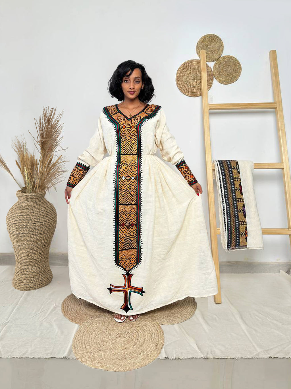 Heritage Flame Cross-Front Habesha Dress | Bold Ethiopian Kemis Hab246