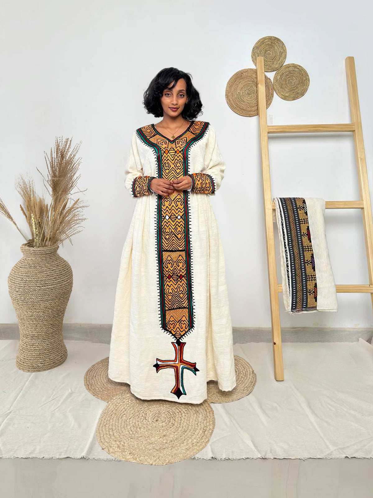 Heritage Flame Cross-Front Habesha Dress | Bold Ethiopian Kemis Hab246