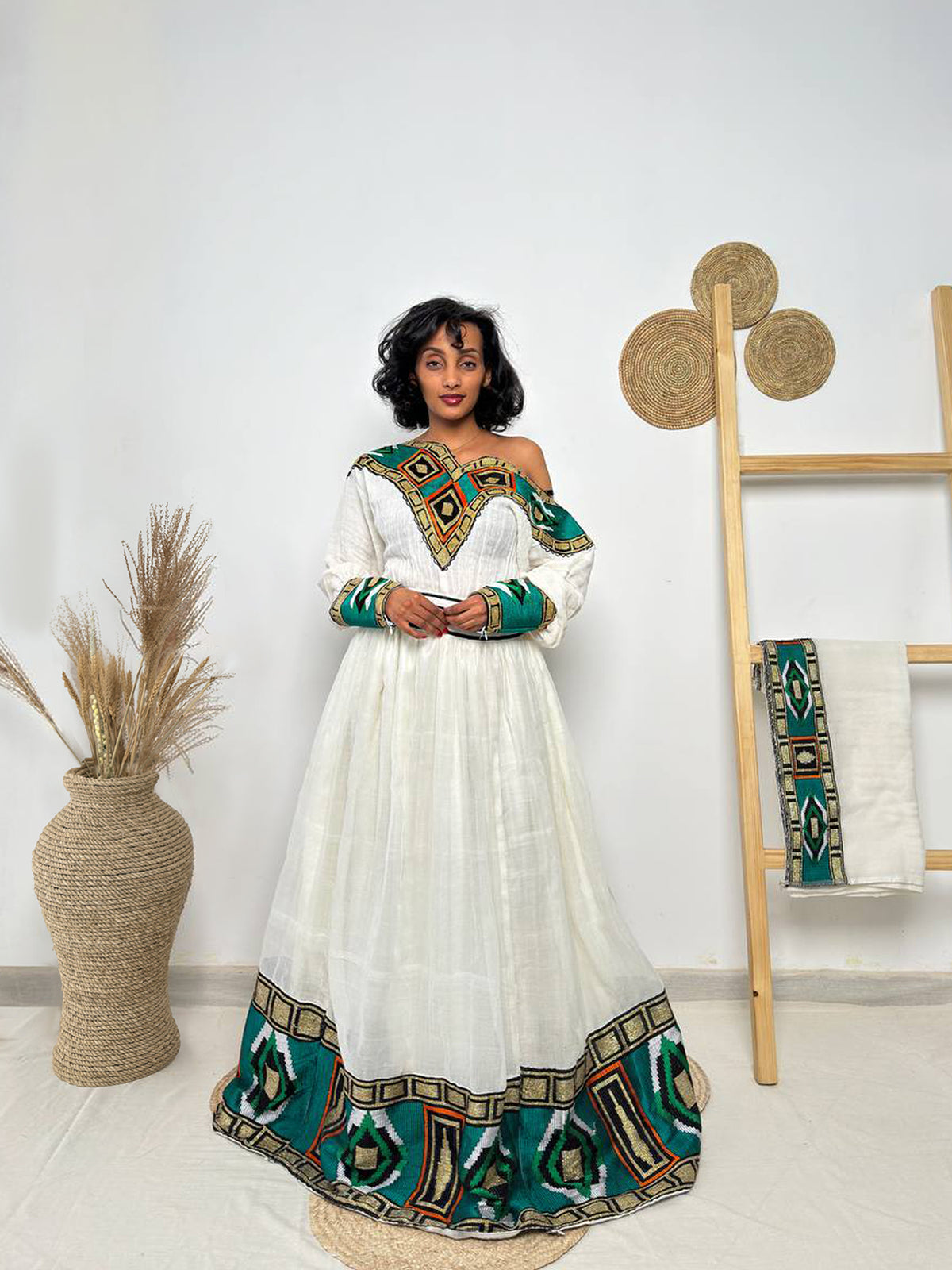 Emerald Radiance One-Shoulder Habesha Dress | Regal Ethiopian Kemis Hab250