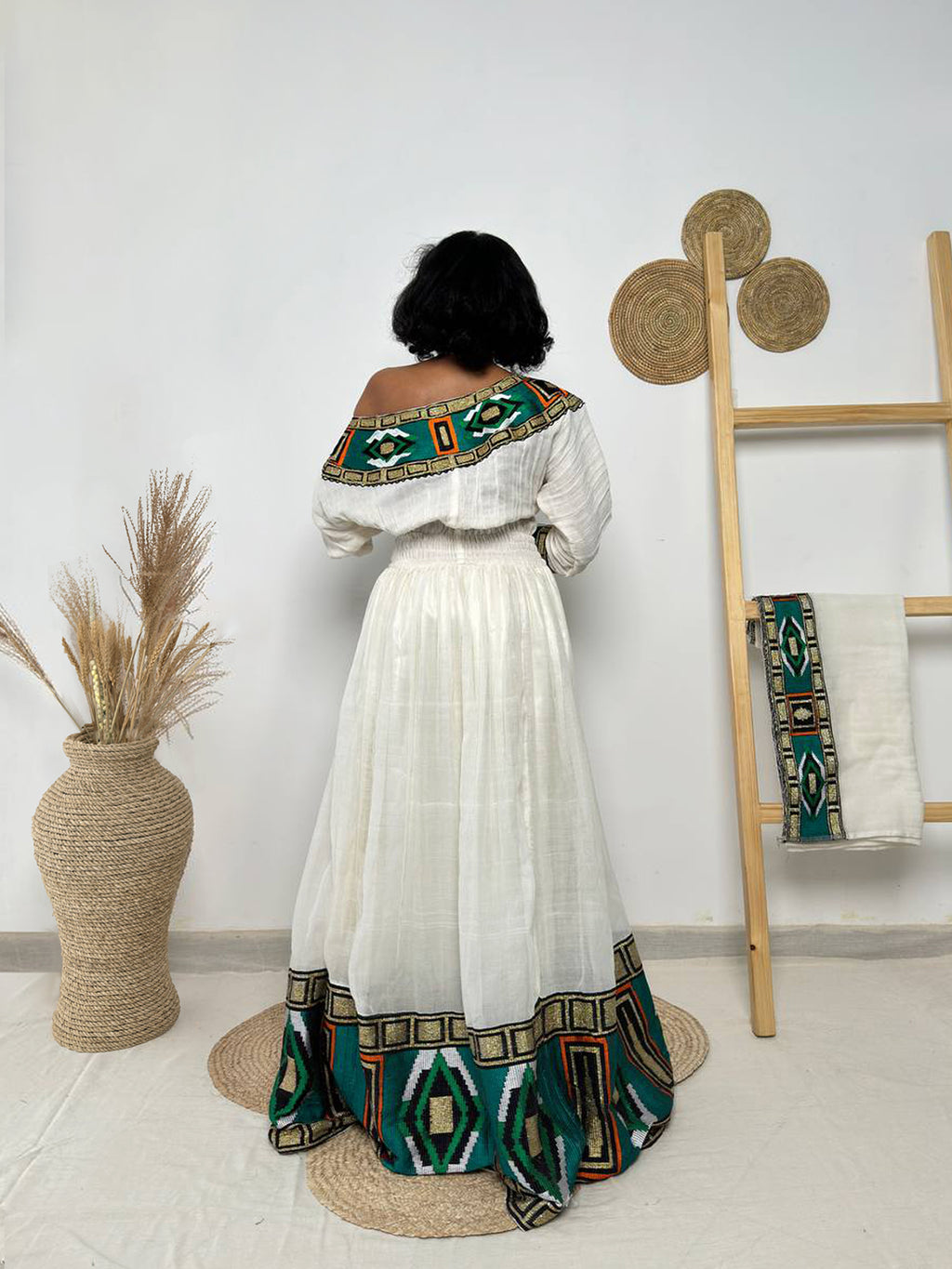 Emerald Radiance One-Shoulder Habesha Dress | Regal Ethiopian Kemis Hab250