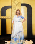 SARON ELEGANT ETHIOPIAN DRESS | BLUE AND GOLD ACCENT HABESHA KEMIS | MODERN HABESHA DRESS