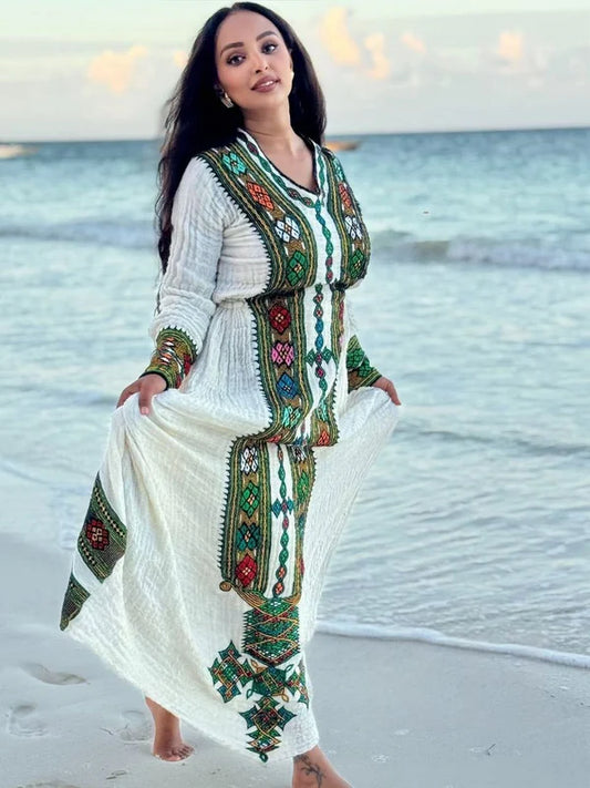 Saron - Green Multicolor Embroidered Handwoven Habesha Kemis | Authentic Ethiopian Traditional Dress Hab273