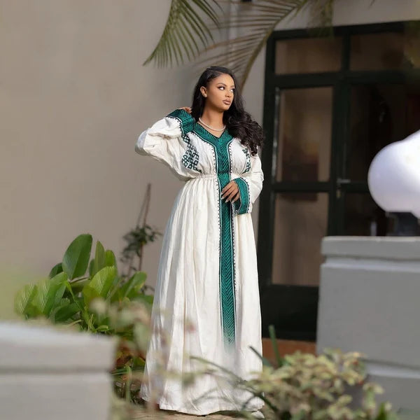 Melat - Emerald Green Handwoven Habesha Kemis | Classic Traditional Ethiopian Dress Hab267